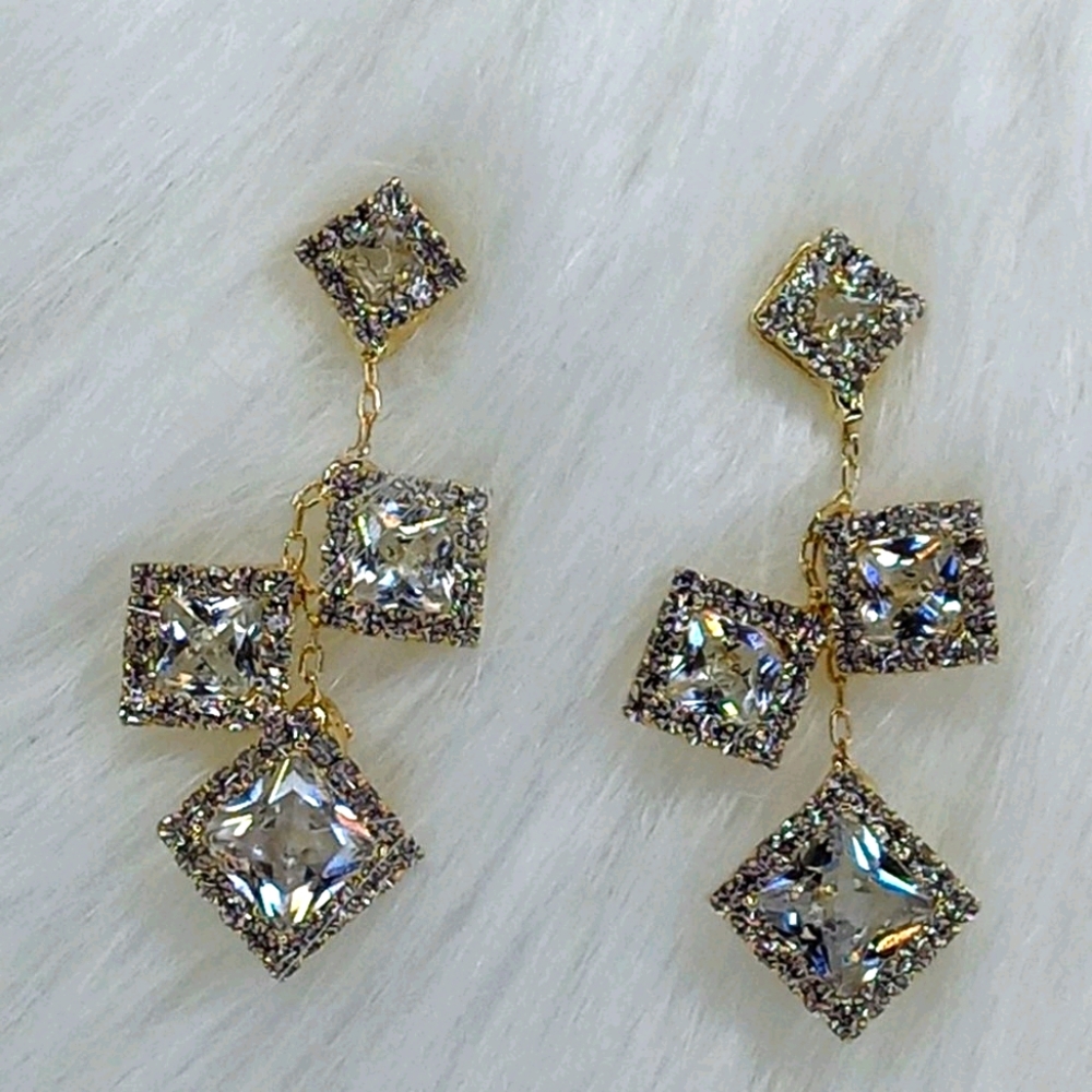 Gold Square Stone Dangle Earrings